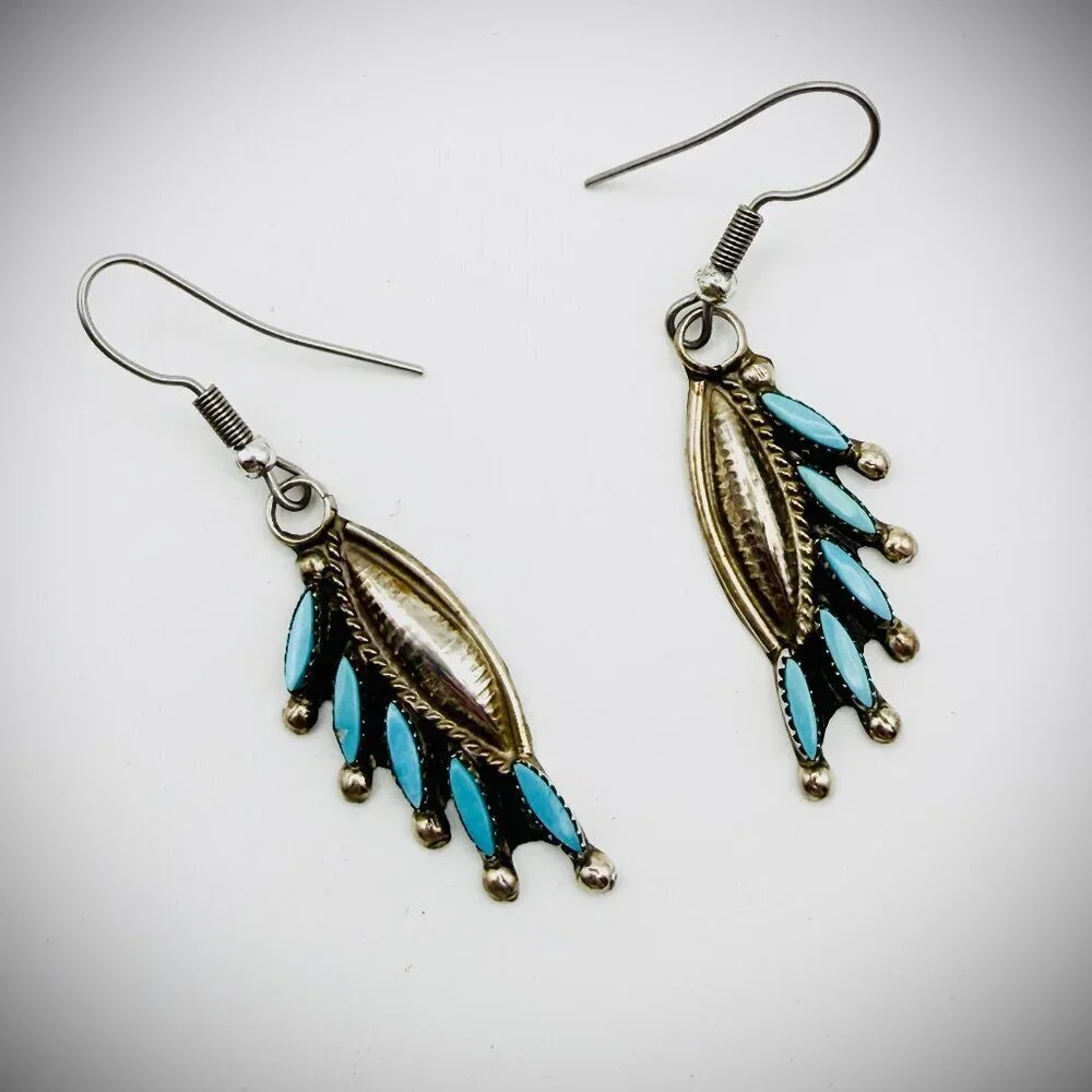 Vintage Needlepoint Turquoise Dangle Earrings | Sterling Silver